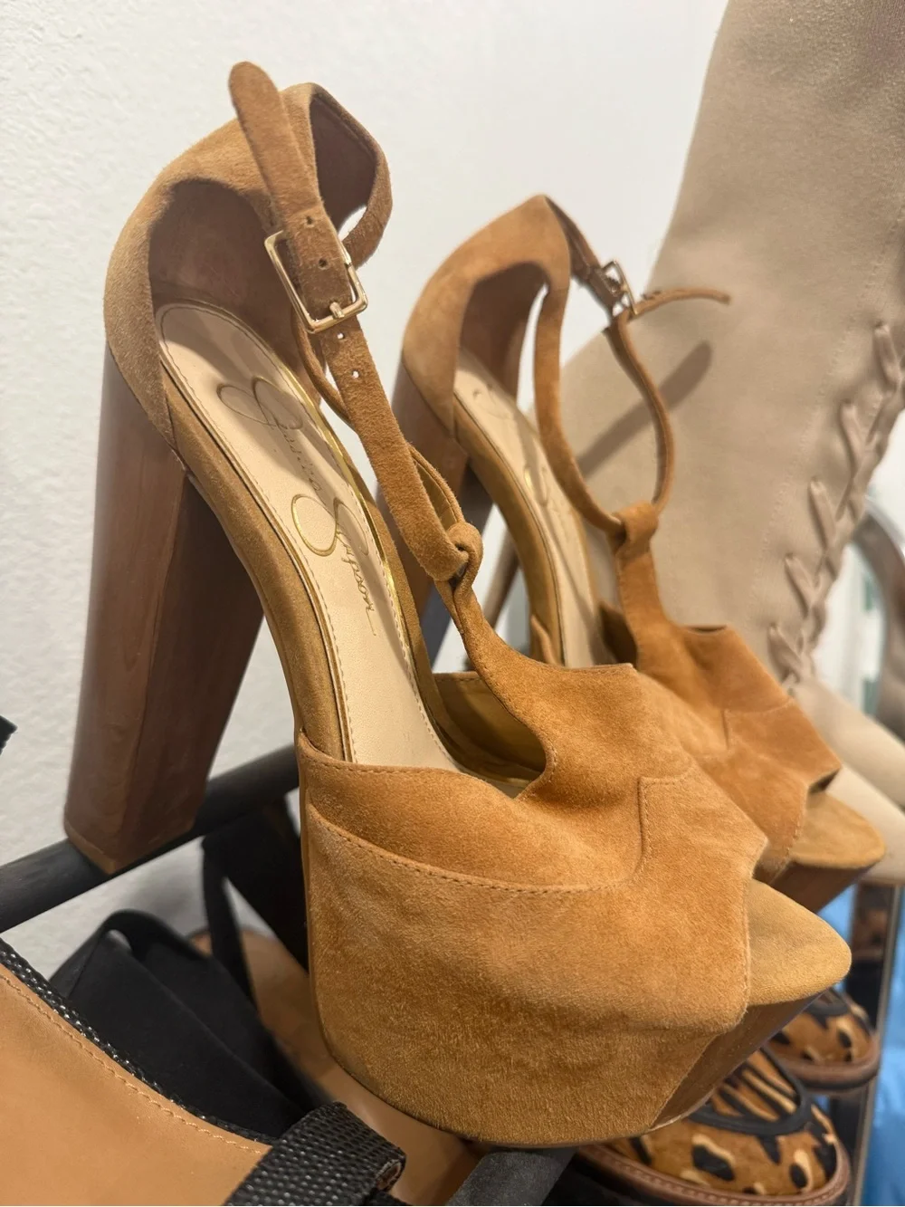Jessica Simpson Tan Suede Platform Peep-Toe Heels